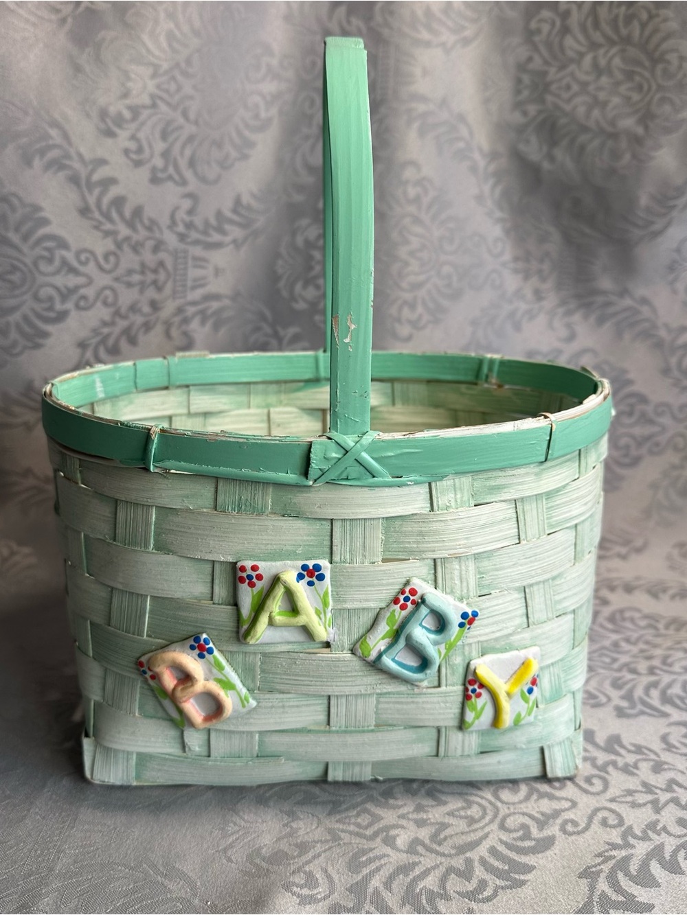 Vintage Woven Mint Green Baby Basket Gift Easter Baby Shower 80s 90s